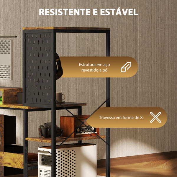 HOMCOM Secretária Estilo Industrial com Luzes LED Estação de Carga Suporte para Monitor Controlo Remoto 142x50x126,5 cm Castanho Rústico - Image 9