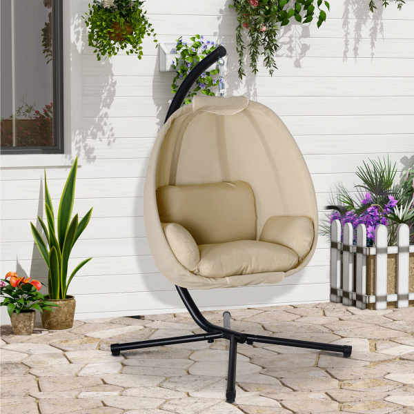 Outsunny Cadeira Suspensa Tipo Ovo com Suporte Baloiço de Jardim com Cesto Dobrável e Almofada Baloiço Suspenso 125x95x170 cm Caqui - Image 2
