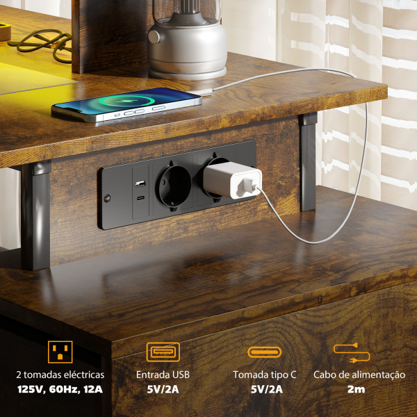 HOMCOM Secretária Estilo Industrial com Luzes LED Estação de Carga Suporte para Monitor Controlo Remoto 142x50x126,5 cm Castanho Rústico - Image 5
