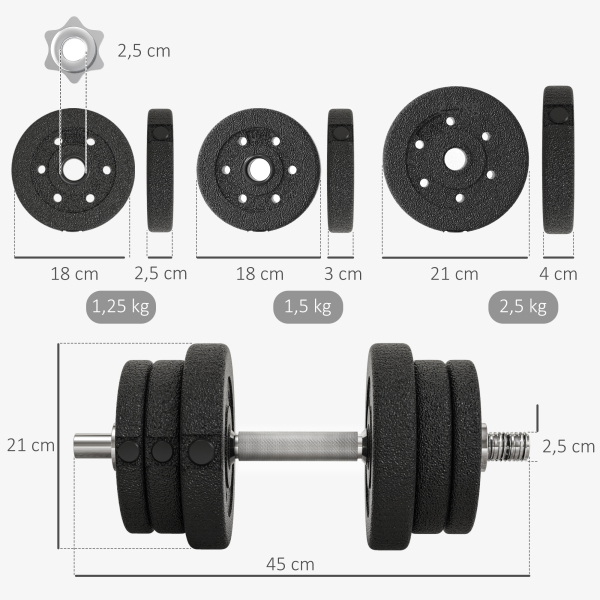 HOMCOM Conjunto de Halteres Ajustáveis 25 kg com Barra de Aço e Discos Conjunto de Pesos para Treinamento em Casa Academia Escritório Preto - Image 3