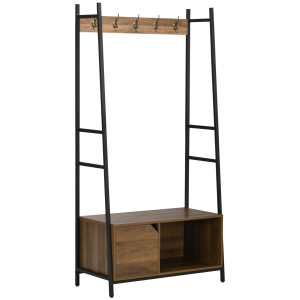 HOMCOM Móvel Cabide de Entrada com Sapateiro Banco 5 Ganchos Armário e Prateleira Aberta 84x40x169cm Marrom Rústico