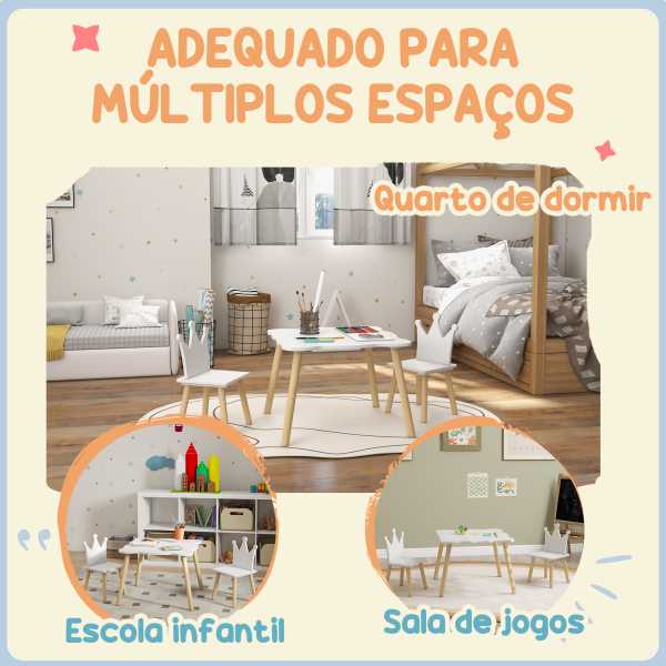 AIYAPLAY Mesa Infantil com 2 Cadeiras com Encosto em Forma de Coroa para Crianças de 3-6 Anos para Sala de Jogos Dormitório Branco - Image 6