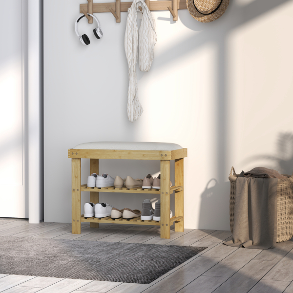 HOMCOM Banco Sapateira de Bambu Sapateira com Assento Almofadado 2 Prateleiras para 6 Pares de Sapatos 60x29x49 cm Madeira e Creme - Image 7