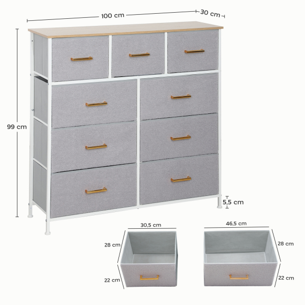 HOMCOM Cómoda com 9 Gavetas Estofada em Borreguito Cómoda de Tela com Estrutura de Aço Cómoda para Dormitório 100x30x99 cm Cinzento - Image 3