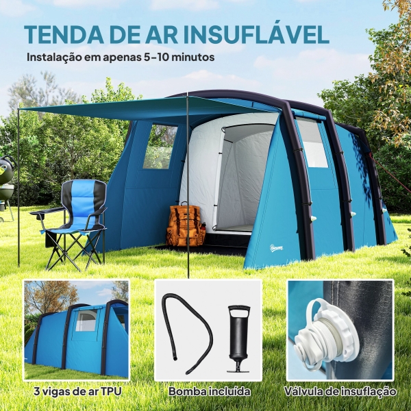 Outsunny Tenda de Campismo Inflável Familiar para 3-6 Pessoas Janelas de Malha e Bolsa de Transporte Proteção UV 50+ 440x280x195 cm Azul - Image 4