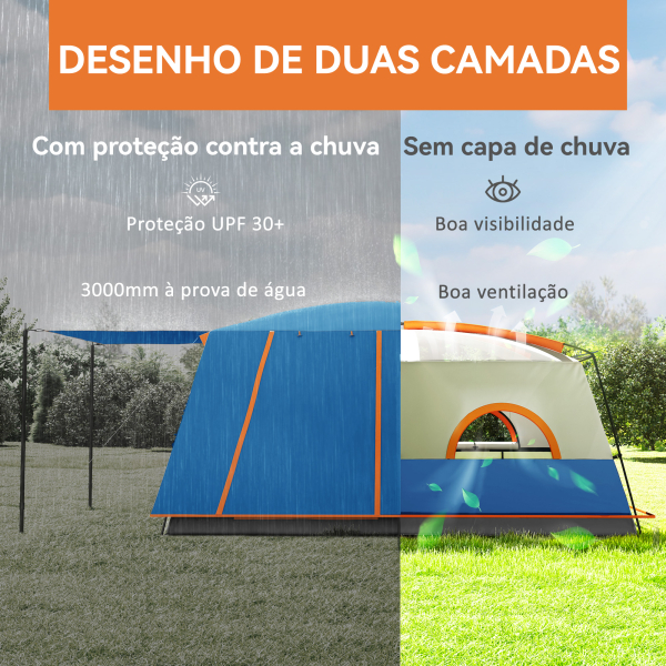 Outsunny Tenda de Campismo Familiar para 4-6 Pessoas com 2 Quartos Alpendre Impermeável 3000 mm Anti-UV 430x305x195 cm Azul - Image 4