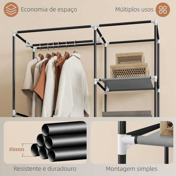 HOMCOM Roupeiro de Tecido Dobrável com 6 Prateleiras e 1 Barra de Pendurar para Dormitório Vestidor 103x43x162,5cm Cinza - Image 6