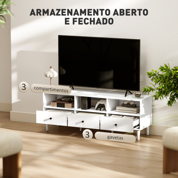 HOMCOM Móvel de TV Moderno com 3 Compartimentos Abertos 3 Gavetas para Televisão de 45/55/65 Polegadas 120x34x45 cm Branco - Image 4