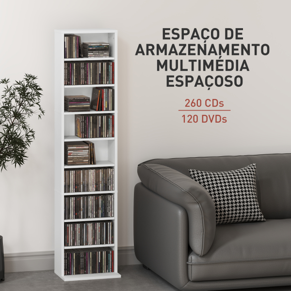 HOMCOM Estante para CDs e DVDs Suportes para CD Estreitos com 9 Compartimentos Prateleiras Ajustáveis 33x24x140 cm Branco - Image 4