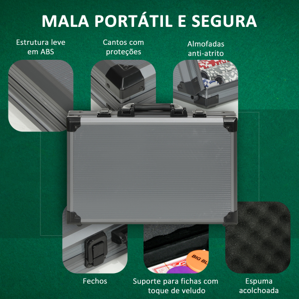 SPORTNOW Mala de Póquer com 400 Fichas 2 Baralhos 5 Dados Tapete e Botão Dealer 39,5x28x8 cm Cinza - Image 6