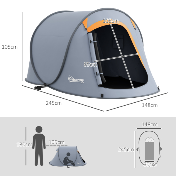 Outsunny Tenda de Campismo para 2-3 Pessoas Impermeável de 2000 mm com Bolsa de Transporte para Pesca 245x148x105 cm Cinzento - Image 3