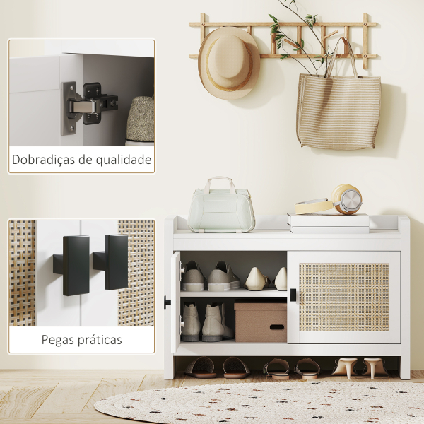 HOMCOM Banco Sapateira com Portas Frentes de Vime Prateleira para 8 Pares de Sapatos para Entrada Dormitório 80x35x52 cm Branco - Image 7