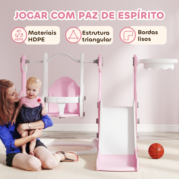 AIYAPLAY Escorrega Infantil 4 em 1 Parque Infantil com Baloiço e Escorrega Escalador Cesto de Basquetebol 147,5x160x107 cm Rosa - Image 7