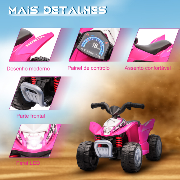 AIYAPLAY Quadriciclo Elétrico HONDA para Crianças de 18-36 Meses Quadriciclo Elétrico Infantil a Bateria 6V com Faróis LED Buzina Velocidade de 2,8km/h e Avance 65,5x35,5x43,5cm Rosa - Image 6