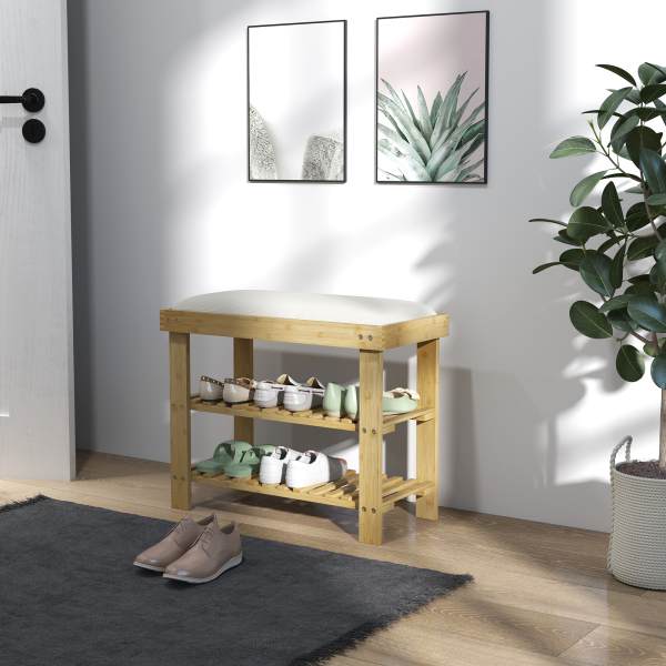 HOMCOM Banco Sapateira de Bambu Sapateira com Assento Almofadado 2 Prateleiras para 6 Pares de Sapatos 60x29x49 cm Madeira e Creme - Image 9