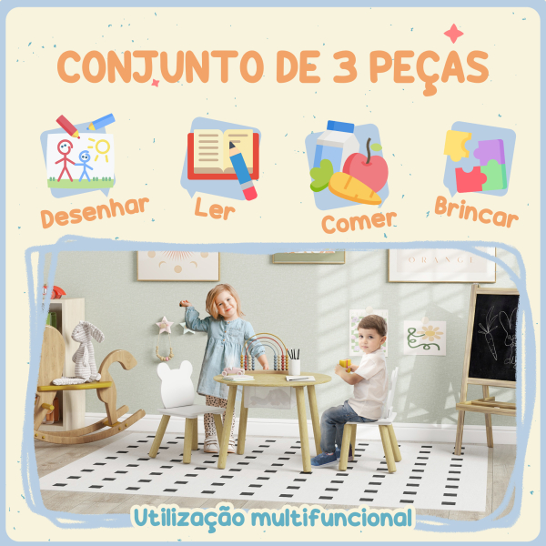 AIYAPLAY Mesa Infantil com 2 Cadeiras com Espaço de Arrumação para Crianças de 3-6 Anos para Sala de Jogos Dormitório Madeira e Branco - Image 6