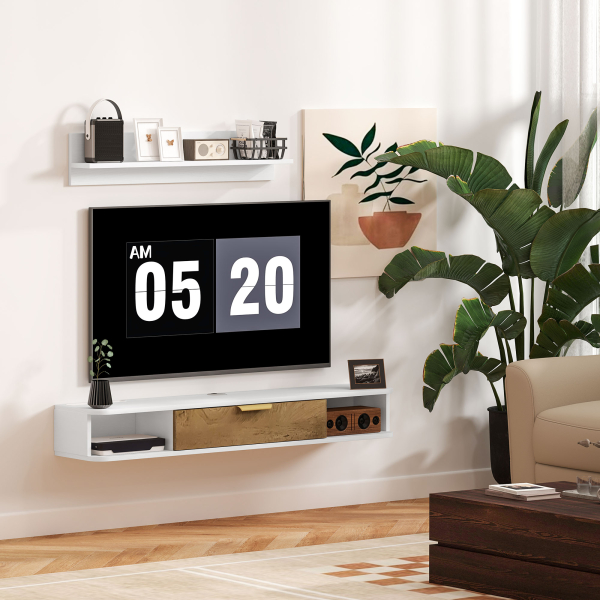HOMCOM Móvel de TV Sala de Estar com Prateleira de Parede Armário Orifícios para Cabos para Televisão de Parede 120x24x16 cm Branco - Image 2