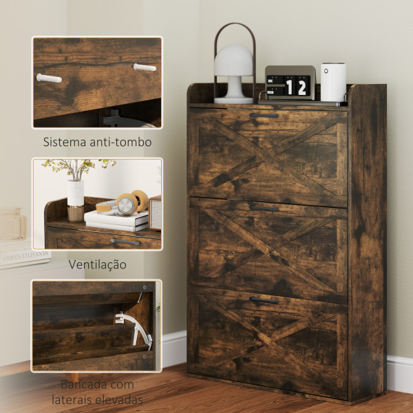 HOMCOM Sapateira de 3 Portas com Prateleiras Ajustáveis Estilo Industrial para 24 Pares de Sapatos 80x24x118 cm Castanho Rústico - Image 7