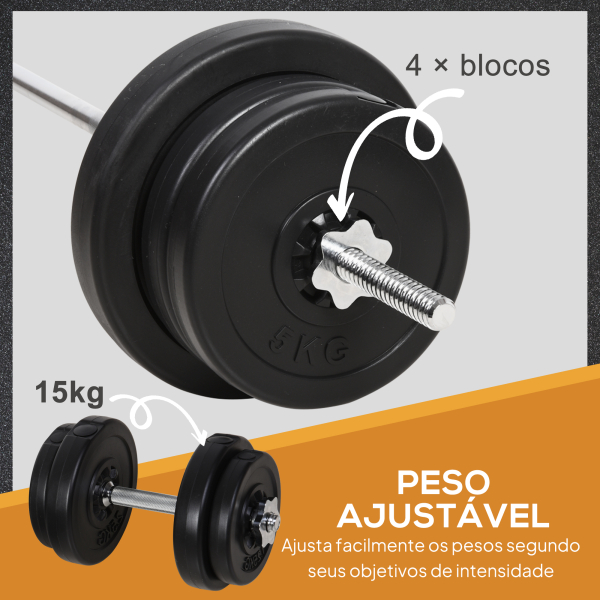 HOMCOM Conjunto de Barras de Pesos com 14 Discos de Pesos Intercambiáveis até 55kg Conjunto de Pesos e Barras Ajustáveis para Culturismo Treinamento Fitness em Casa Academia Preto - Image 6