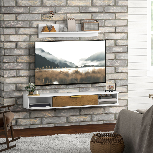 HOMCOM Móvel de TV Sala de Estar com Prateleira de Parede Armário Orifícios para Cabos para Televisão de Parede 120x24x16 cm Branco - Image 7