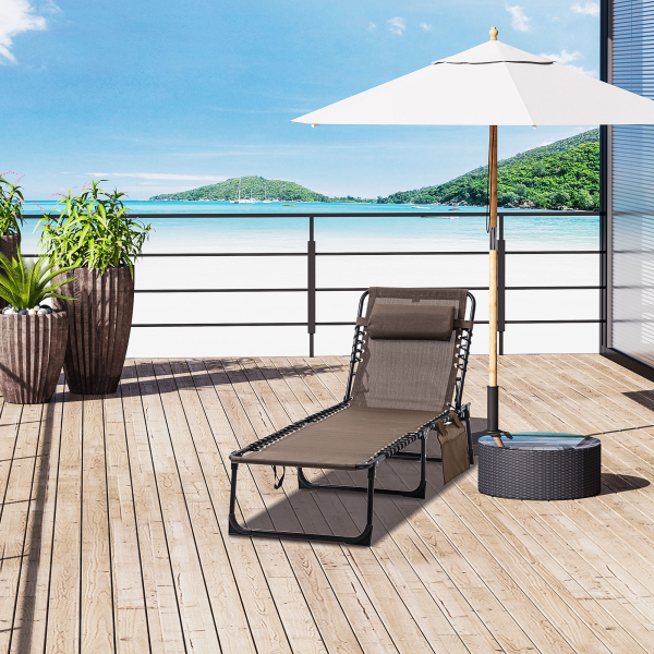Outsunny Espreguiçadeira Dobrável de Jardim com Encosto Ajustável Apoio para Cabeça Acolchoado Bolso Lateral 185x58x30 cm Marrom - Image 2