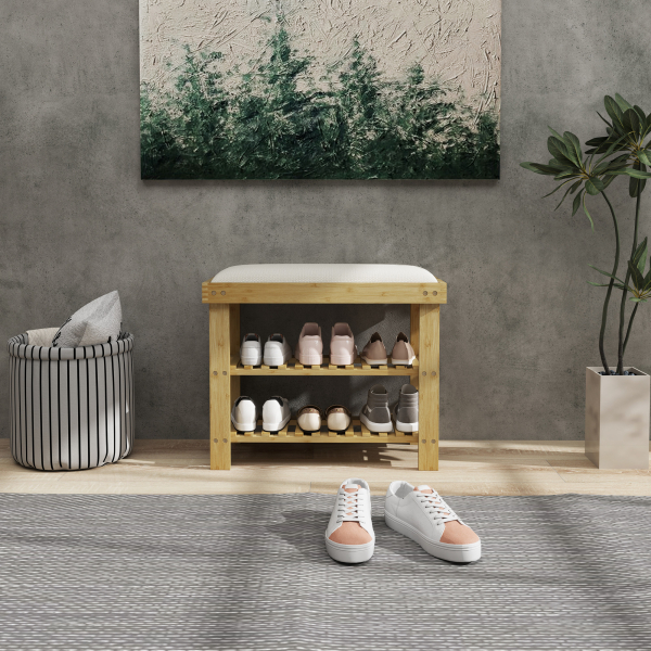 HOMCOM Banco Sapateira de Bambu Sapateira com Assento Almofadado 2 Prateleiras para 6 Pares de Sapatos 60x29x49 cm Madeira e Creme - Image 8