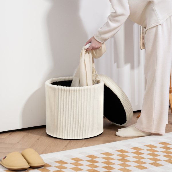 HOMCOM Puff de Arrumação Baú de Arrumação Redondo Estofado em Veludo Cotelê  Tampa Removível Ø40x41 cm Creme - Image 9