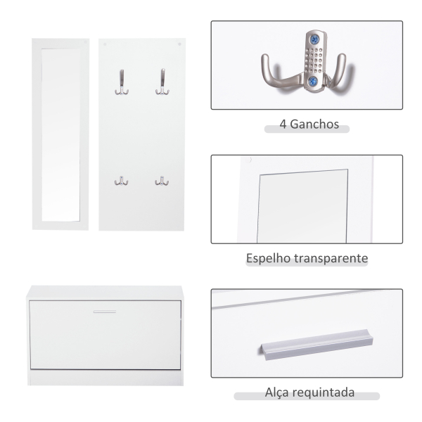 HOMCOM Móvel Cabide de Entrada de 3 Peças Armário de Entrada com Cabide Espelho e Sapateira 80x27x46,5cm Branco - Image 5