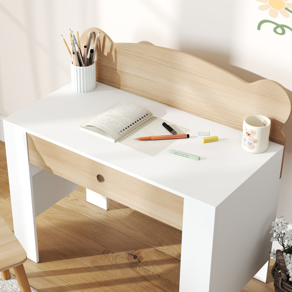 AIYAPLAY Secretária para Crianças com Cadeira em Forma de Ursinho Secretária Infantil com Gaveta para Estudar Ler e Desenhar Branco e Madeira - Image 9