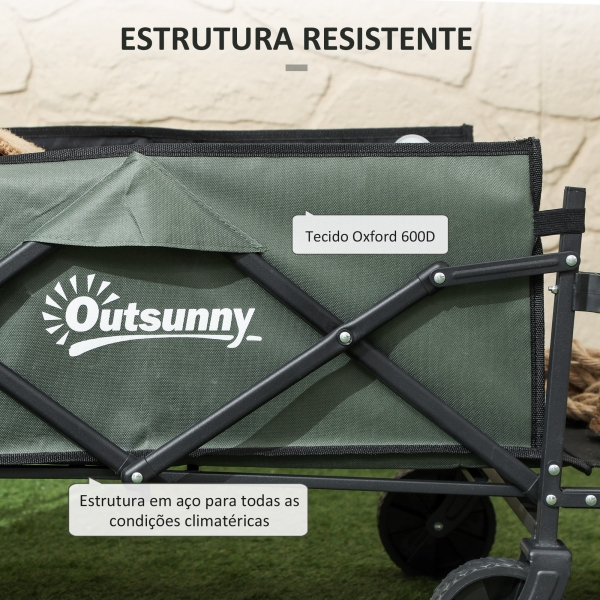Outsunny Carrinho de Transporte com Rodas Carrinho de Jardim Dobrável com Puxador Telescópico Ajustável Porta Traseira Expansível 114x46x65-92 cm Verde - Image 5
