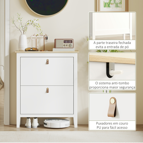 HOMCOM Sapateira Estreita com 2 Gavetas Prateleiras Ajustáveis e Puxadores em PU para 14 Pares de Sapatos 80x24x95,5 cm Branco - Image 7