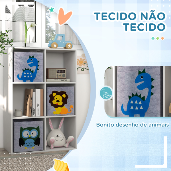 ZONEKIZ Estante para Brinquedos com 6 Compartimentos e 3 Caixas de Tecido não Tecido e Desenho de Animais 61,8x29,9x91,5 cm Branco e Cinza - Image 5