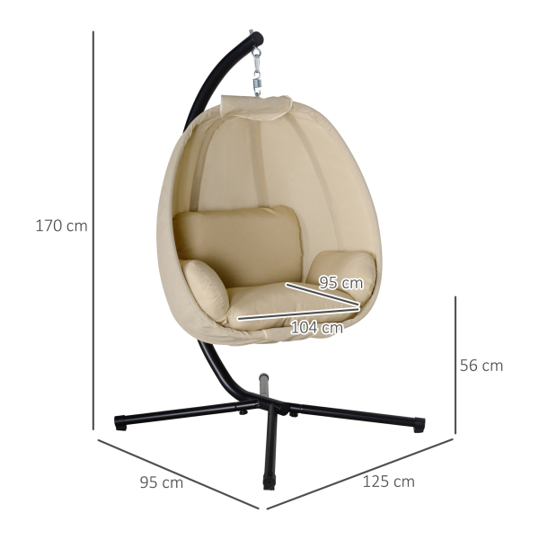 Outsunny Cadeira Suspensa Tipo Ovo com Suporte Baloiço de Jardim com Cesto Dobrável e Almofada Baloiço Suspenso 125x95x170 cm Caqui - Image 3