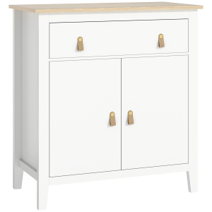 HOMCOM Aparador Sala de Estar Moderno com Gaveta Prateleira Ajustável e Puxadores em PU 80x40x90 cm Branco e Madeira