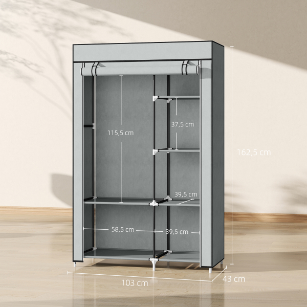 HOMCOM Roupeiro de Tecido Dobrável com 6 Prateleiras e 1 Barra de Pendurar para Dormitório Vestidor 103x43x162,5cm Cinza - Image 3