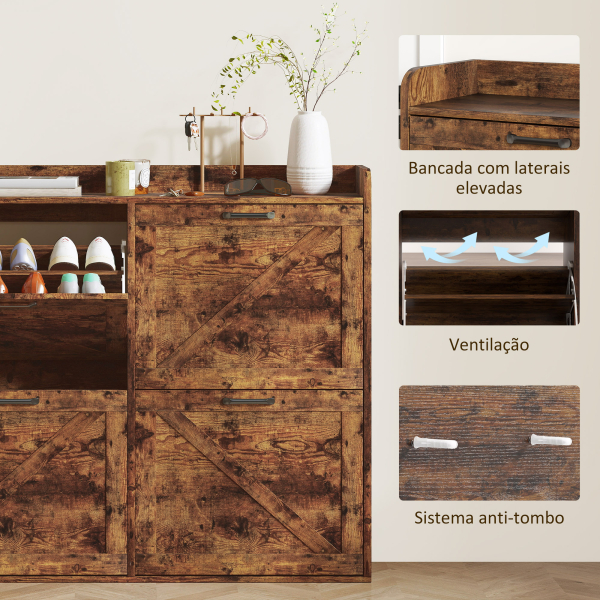 HOMCOM Sapateira de 4 Portas com Prateleiras Ajustáveis Estilo Industrial para 24 Pares de Sapatos 120x24x103 cm Castanho Rústico - Image 7