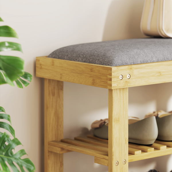 HOMCOM Banco Sapateira de Bambu Sapateira com Assento Almofadado 2 Prateleiras para 6 Pares de Sapatos 60x29x49 cm Madeira e Cinzento - Image 8