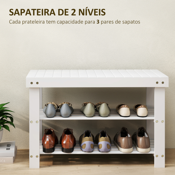 HOMCOM Banco Sapateira de Bambu Organizador de Sapatos com 2 Prateleiras para 6-9 Pares de Sapatos 70x28x45 cm Branco - Image 4