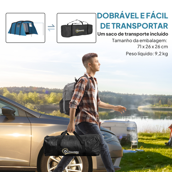 Outsunny Tenda de Campismo Inflável Familiar para 3-6 Pessoas Janelas de Malha e Bolsa de Transporte Proteção UV 50+ 440x280x195 cm Azul - Image 9