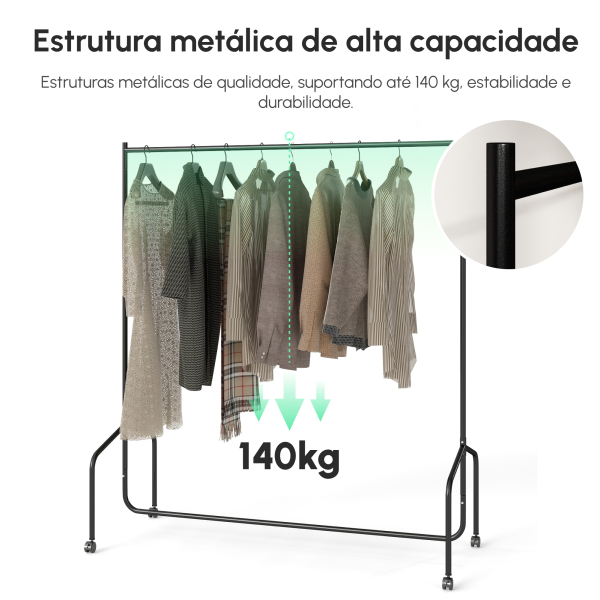 HOMCOM Charriot com Rodas 150x60x170 cm Organizador de Roupas com Rodas para Dormitório Entrada Corredor Preto - Image 4