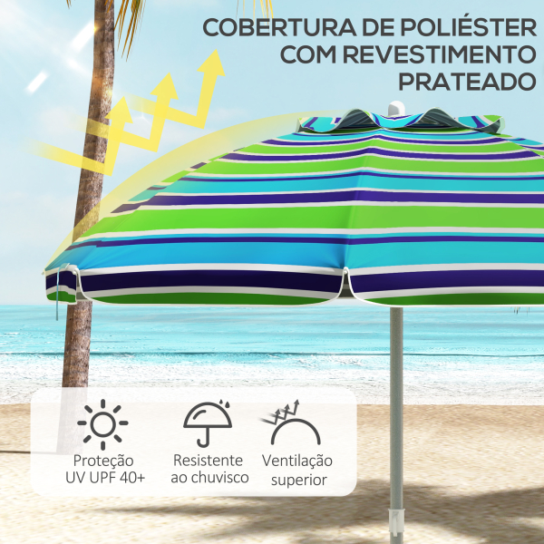 Outsunny Chapéu de Sol de Praia Ø178x205 cm com Inclinação de 45° e Altura Ajustável Abertura Manual Anti-UV Impermeável Multicolor - Image 4