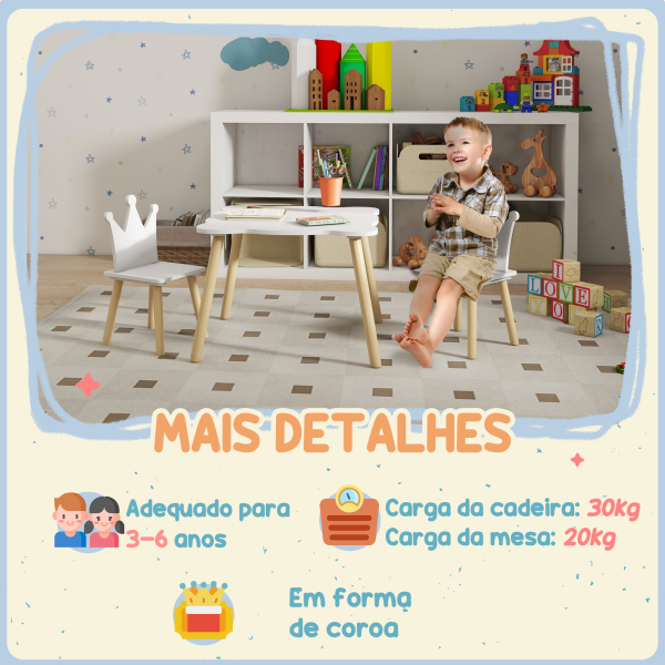 AIYAPLAY Mesa Infantil com 2 Cadeiras com Encosto em Forma de Coroa para Crianças de 3-6 Anos para Sala de Jogos Dormitório Branco - Image 7