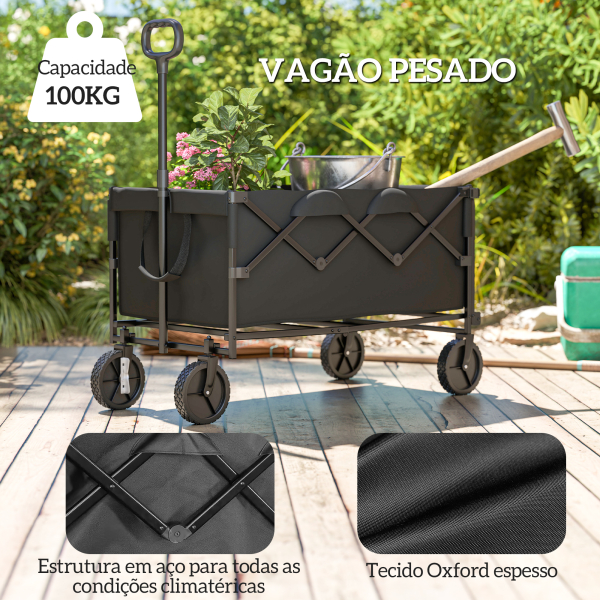 Outsunny Carrinho de Transporte Carrinho de Jardim Dobrável com Guiador Telescópico Ajustável Porta Traseira Expandível 95x55x102 cm Preto - Image 4