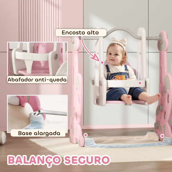 AIYAPLAY Escorrega Infantil 4 em 1 Parque Infantil com Baloiço e Escorrega Escalador Cesto de Basquetebol 147,5x160x107 cm Rosa - Image 6