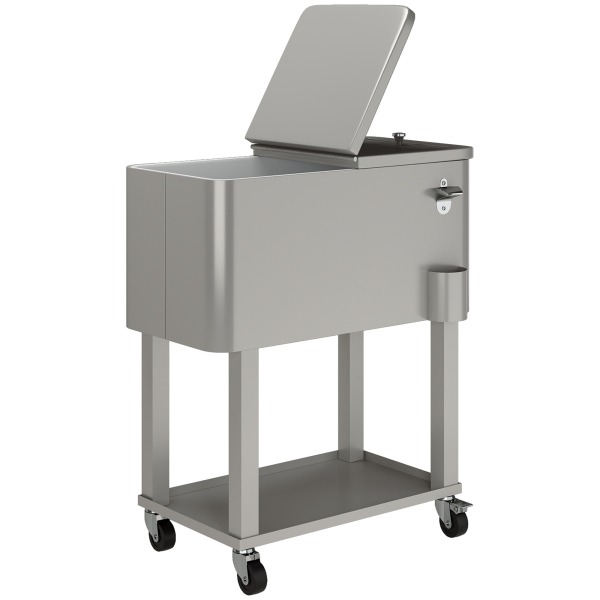 Outsunny Carrinho Refrigerador de Bebidas de 56L com Rodas Abridor de Garrafas e Prateleira para Pátio Festas 67x35x80 cm Cinzento Claro