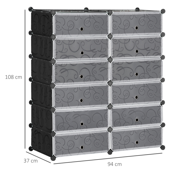 HOMCOM Sapateira Modular de Cubos de Plástico Armário Modular para Sapatos com 12 Cubos com Porta Desenho de DIY 94x37x108 cm Preto - Image 3