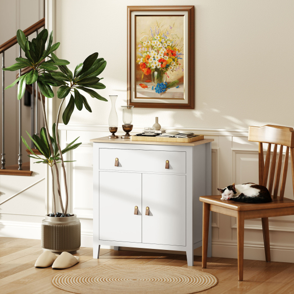 HOMCOM Aparador Sala de Estar Moderno com Gaveta Prateleira Ajustável e Puxadores em PU 80x40x90 cm Branco e Madeira - Image 9
