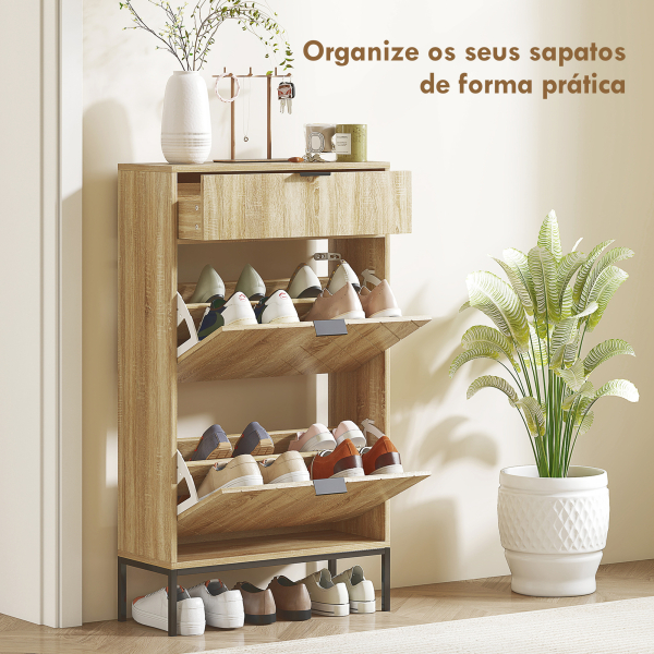 HOMCOM Sapateira Estreita com 2 Portas Gaveta e Prateleiras Ajustáveis para 8 Pares de Sapatos 60x24x105,5 cm Madeira - Image 4