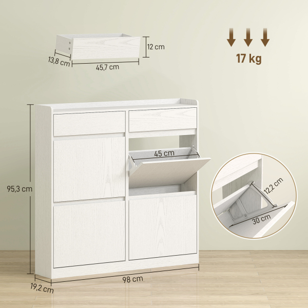 HOMCOM Sapateira Estreita com 4 Portas Sapateira para Entrada com 2 Gavetas para 8 Pares de Sapatos 98x19,2x95,3 cm Branco - Image 3