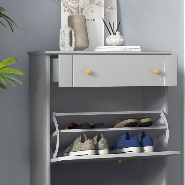 HOMCOM Sapateira Móvel Sapateira Estreita com 2 Portas e 1 Gaveta para 8 Pares de Sapatos 60x23,5x98,5 cm Cinzento - Image 8